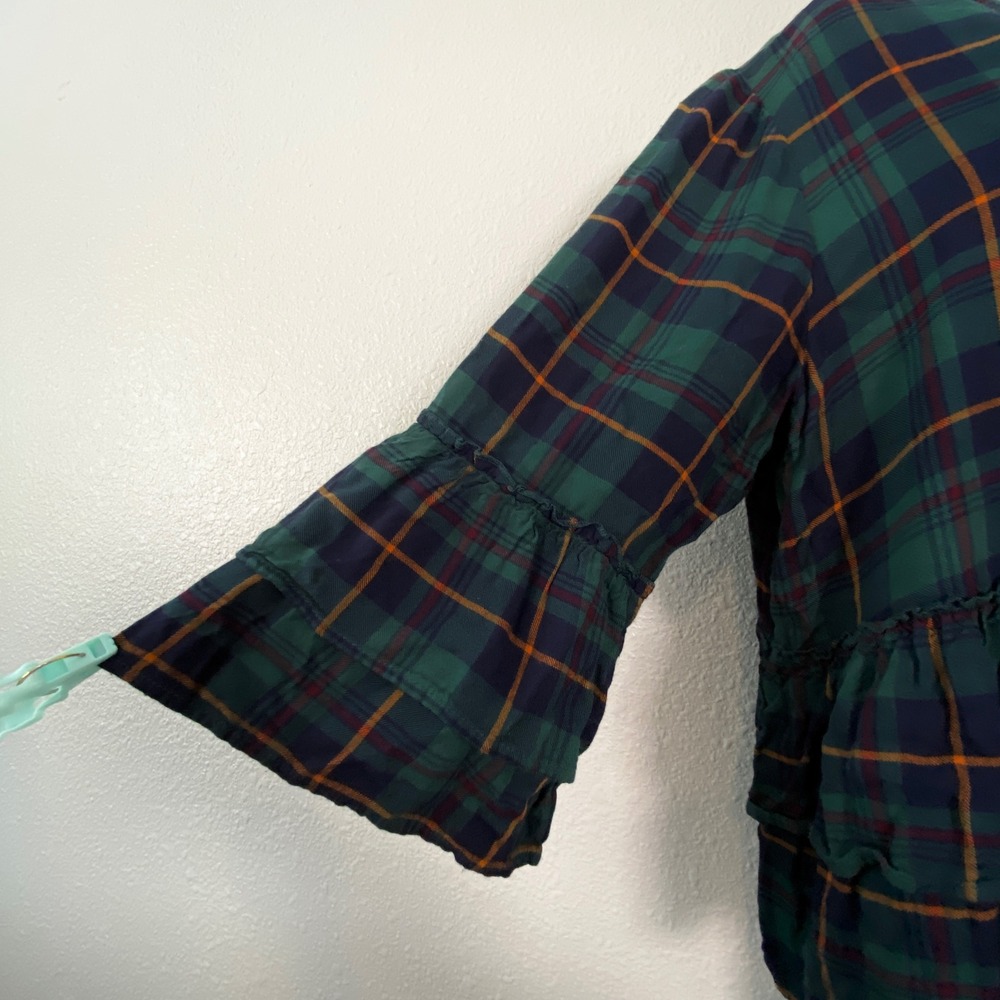 Green Tartan Blouse XL Plaid Outlander Casual Cottagecore Cabincore Ruffle - Picture 5 of 8